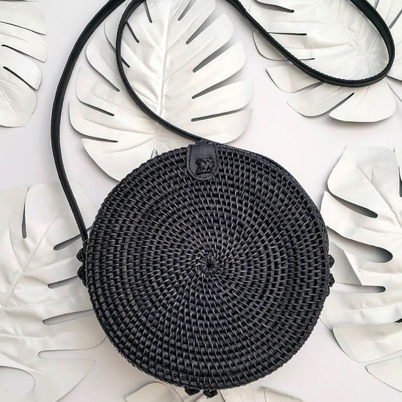 BLACKOUT Round Rattan Straw Handbag - Picture 1 of 2